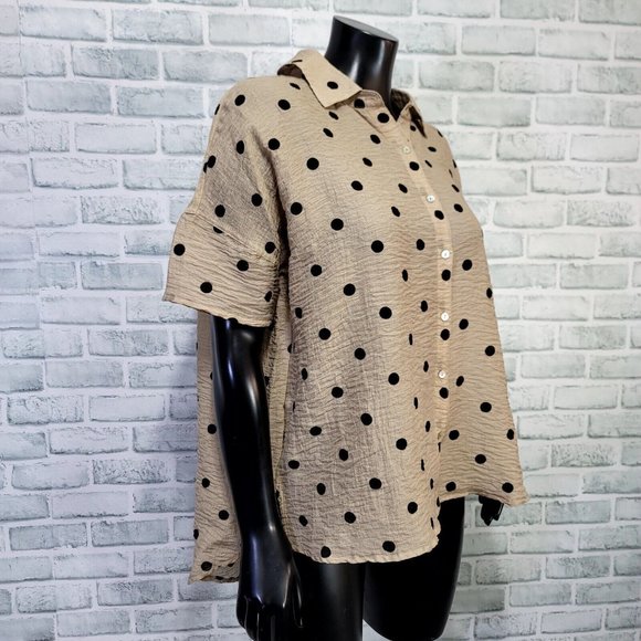 Mododoc Womens S Tan Black Polka Dot Gauze‎ Knit Button Front Oversized Popover - Picture 3 of 6